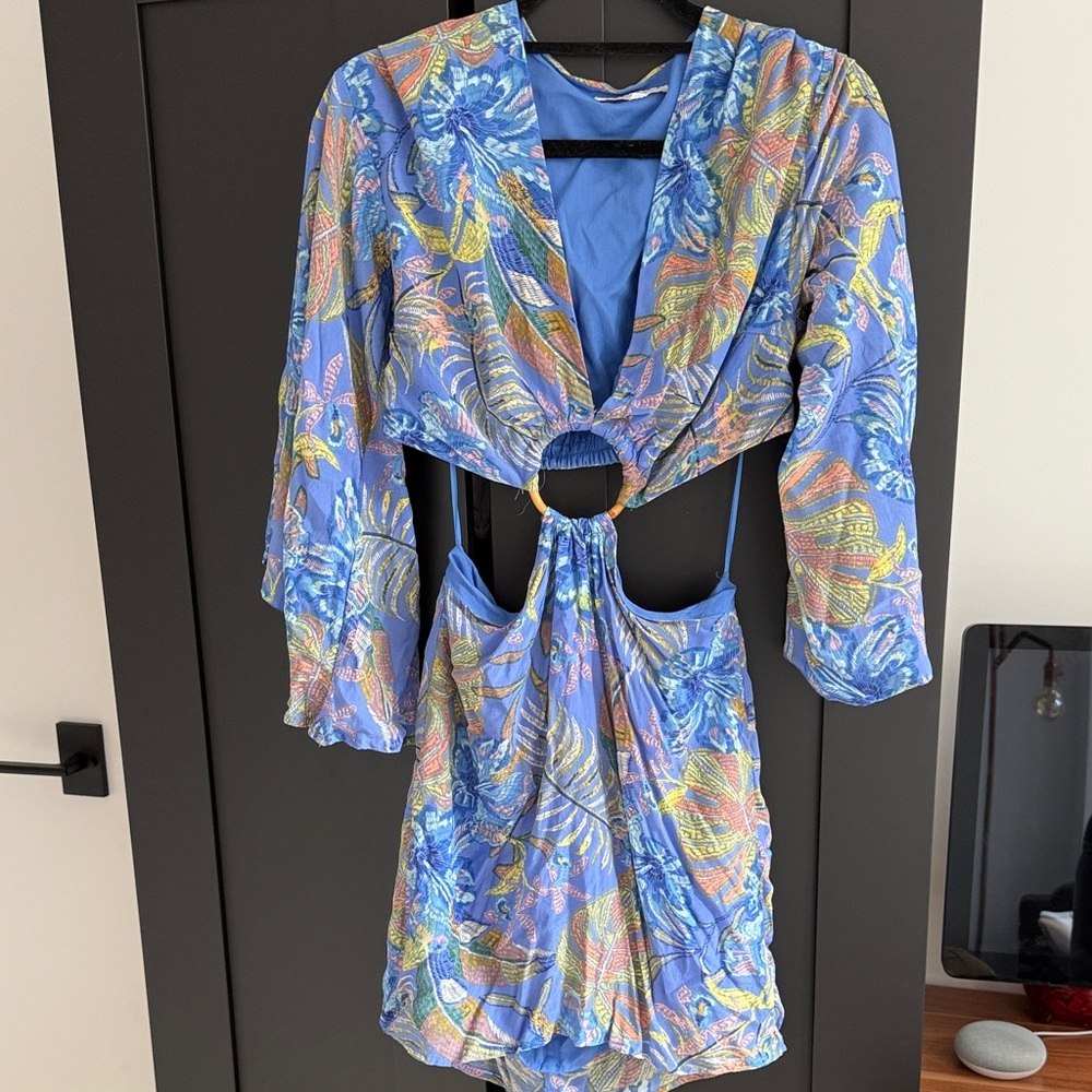 Olivaceous Blue and Yellow Tropical Mini Dress